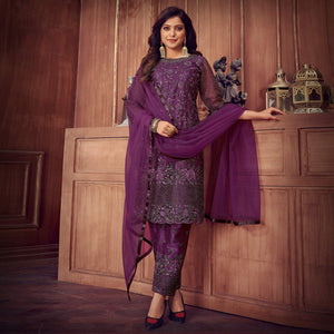Dark Violet Floral Embroidered Net Partywear Suit