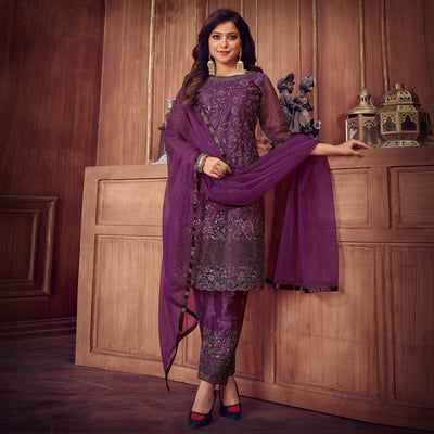Dark Violet Floral Embroidered Net Partywear Suit