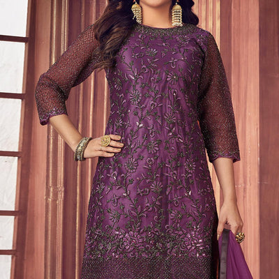 Dark Violet Floral Embroidered Net Partywear Suit