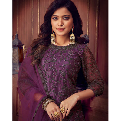 Dark Violet Floral Embroidered Net Partywear Suit