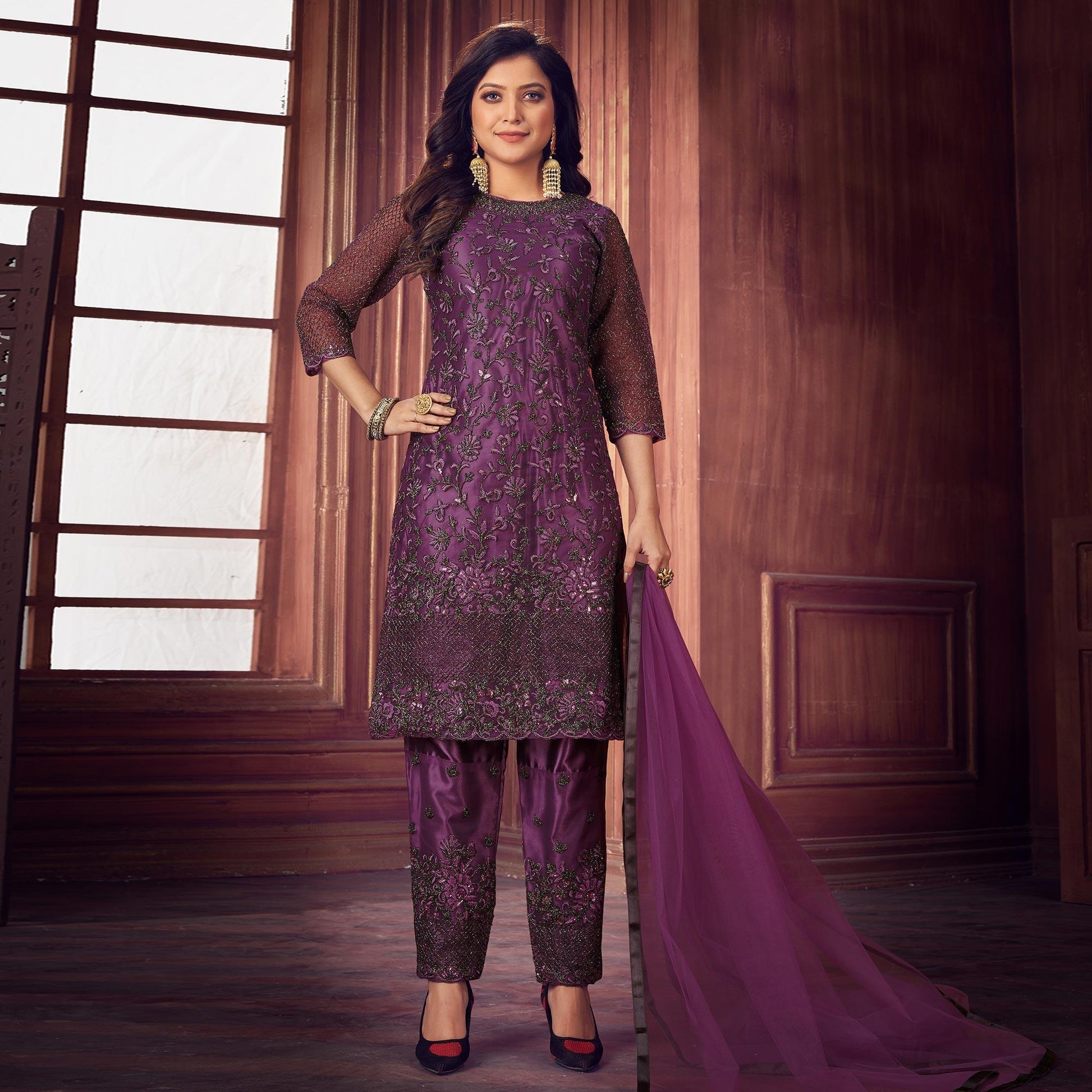 Dark Violet Floral Embroidered Net Partywear Suit
