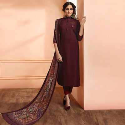 Dark Wine Partywear Embroidered Cotton Silk salwar Suit
