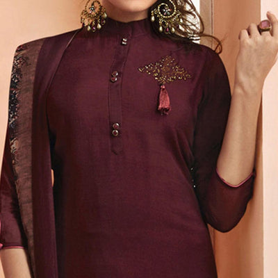 Dark Wine Partywear Embroidered Cotton Silk salwar Suit