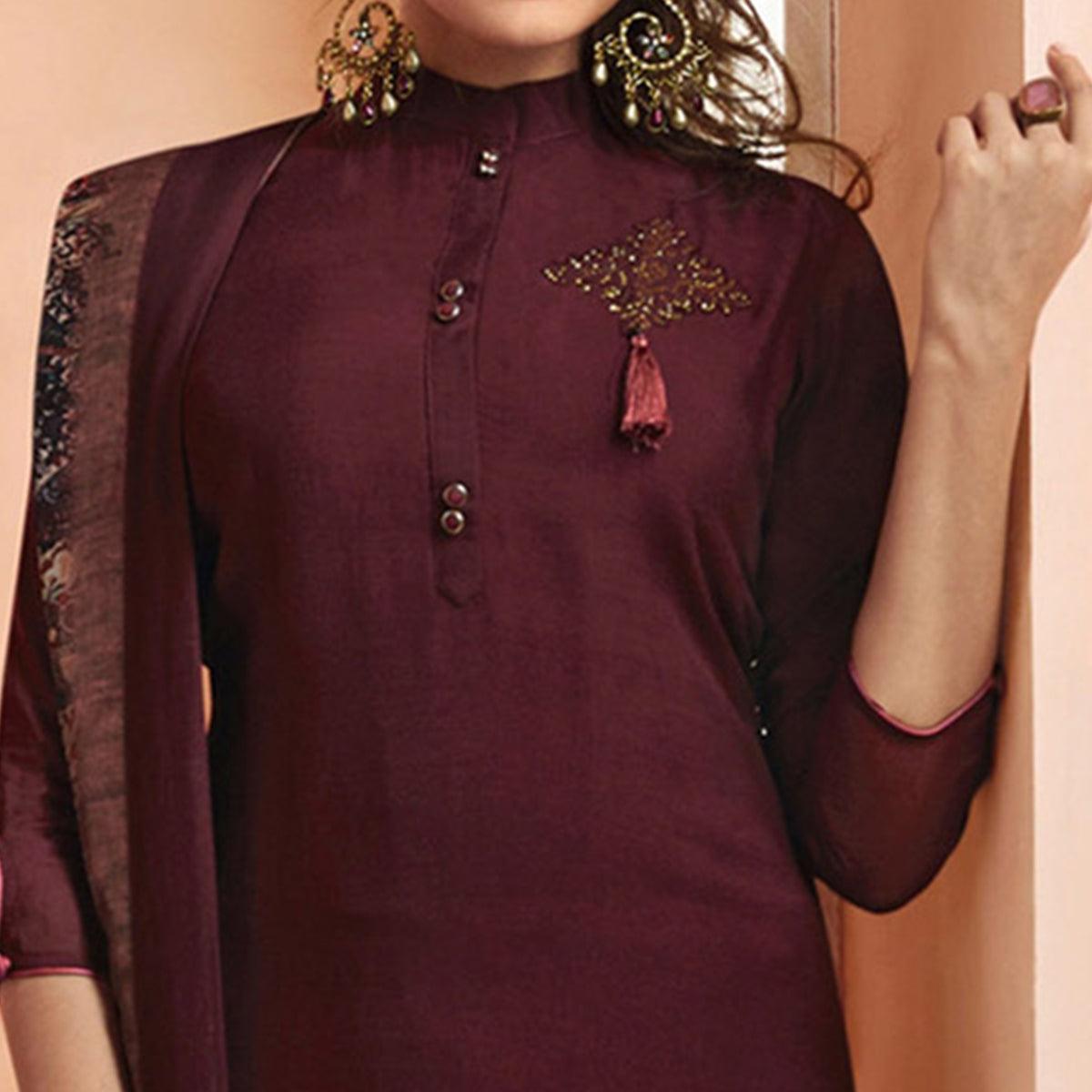 Dark Wine Partywear Embroidered Cotton Silk salwar Suit