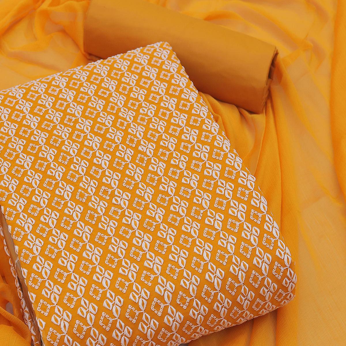 Dark Yellow Casual Wear Embroidered Georgette Dress Material