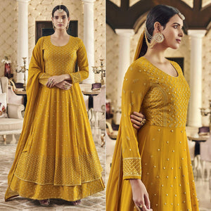 Dark Yellow Embroidered Georgette Anarkali Suit