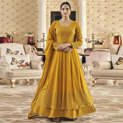 Dark Yellow Embroidered Georgette Anarkali Suit