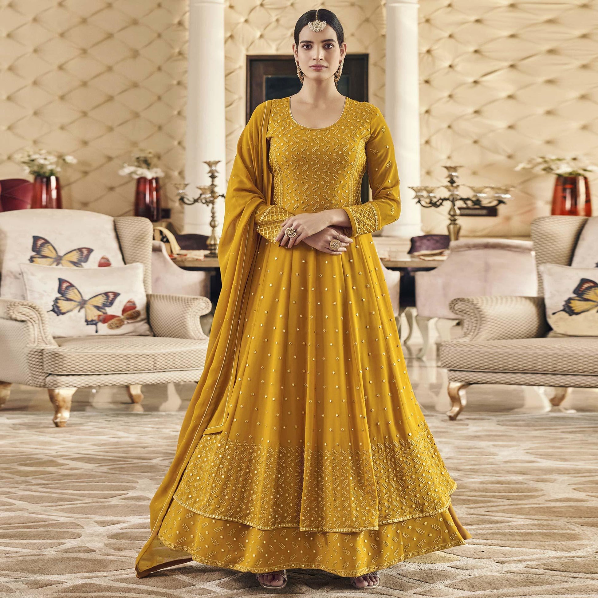 Dark Yellow Embroidered Georgette Anarkali Suit