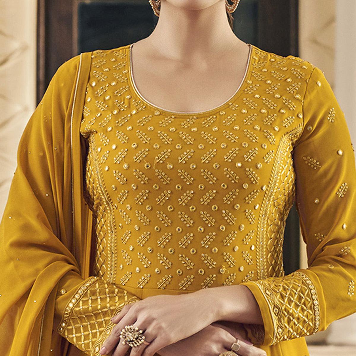 Dark Yellow Embroidered Georgette Anarkali Suit