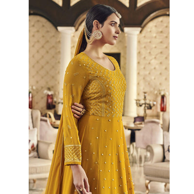 Dark Yellow Embroidered Georgette Anarkali Suit