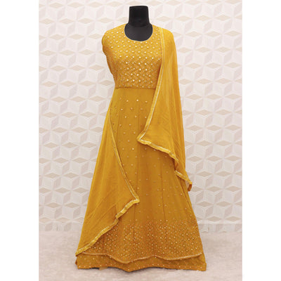 Dark Yellow Embroidered Georgette Anarkali Suit