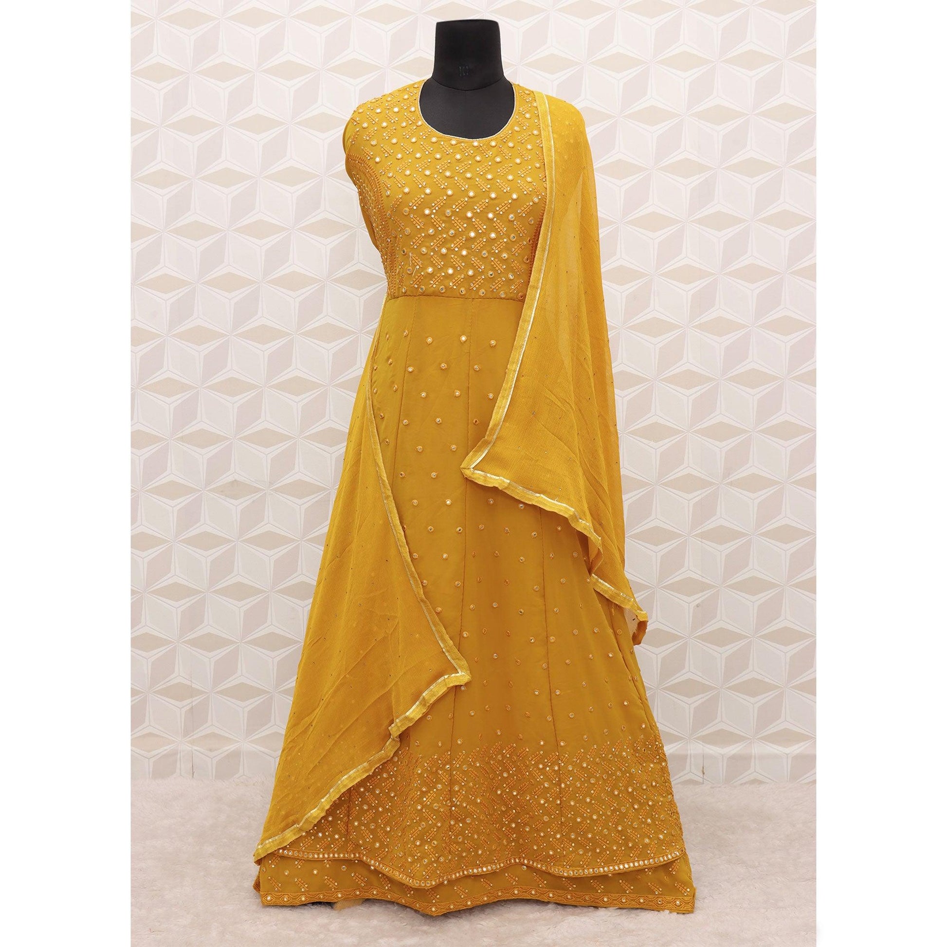 Dark Yellow Embroidered Georgette Anarkali Suit