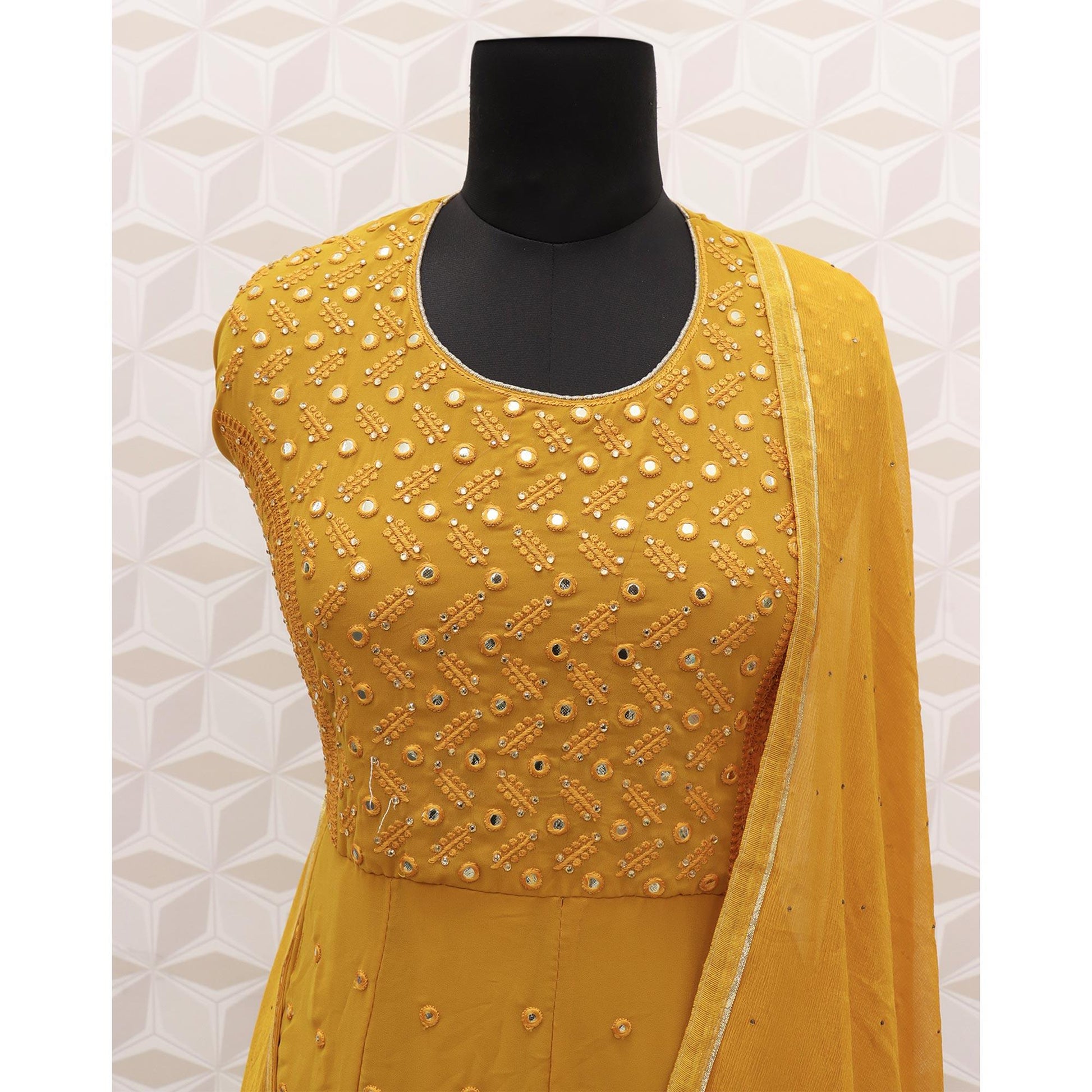 Dark Yellow Embroidered Georgette Anarkali Suit