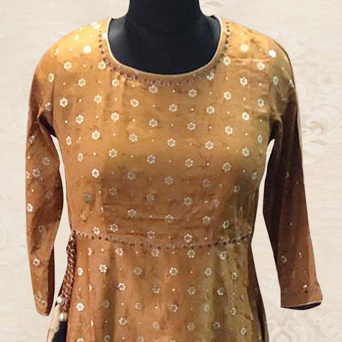 Dark Yellow Foil Printed Art Silk Kurti