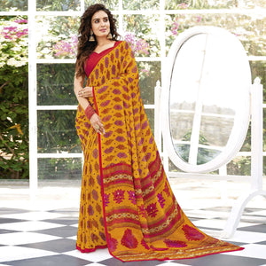 Dark Yellow Printed Georgette Saree