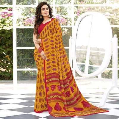 Dark Yellow Printed Georgette Saree