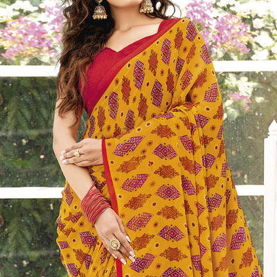 Dark Yellow Printed Georgette Saree