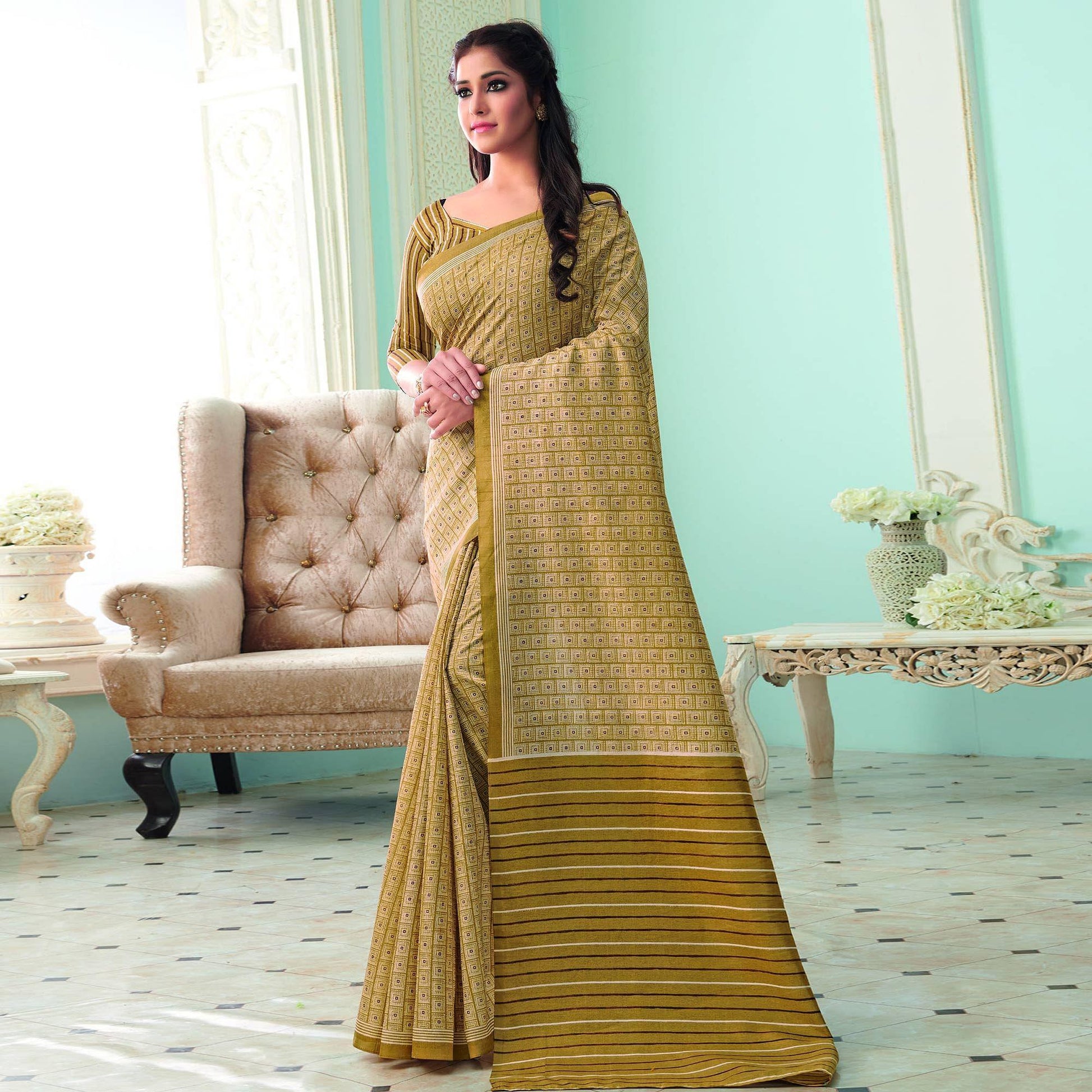 Dazzling Beige Colored Casual Wear Printed Bhagalpuri Saree