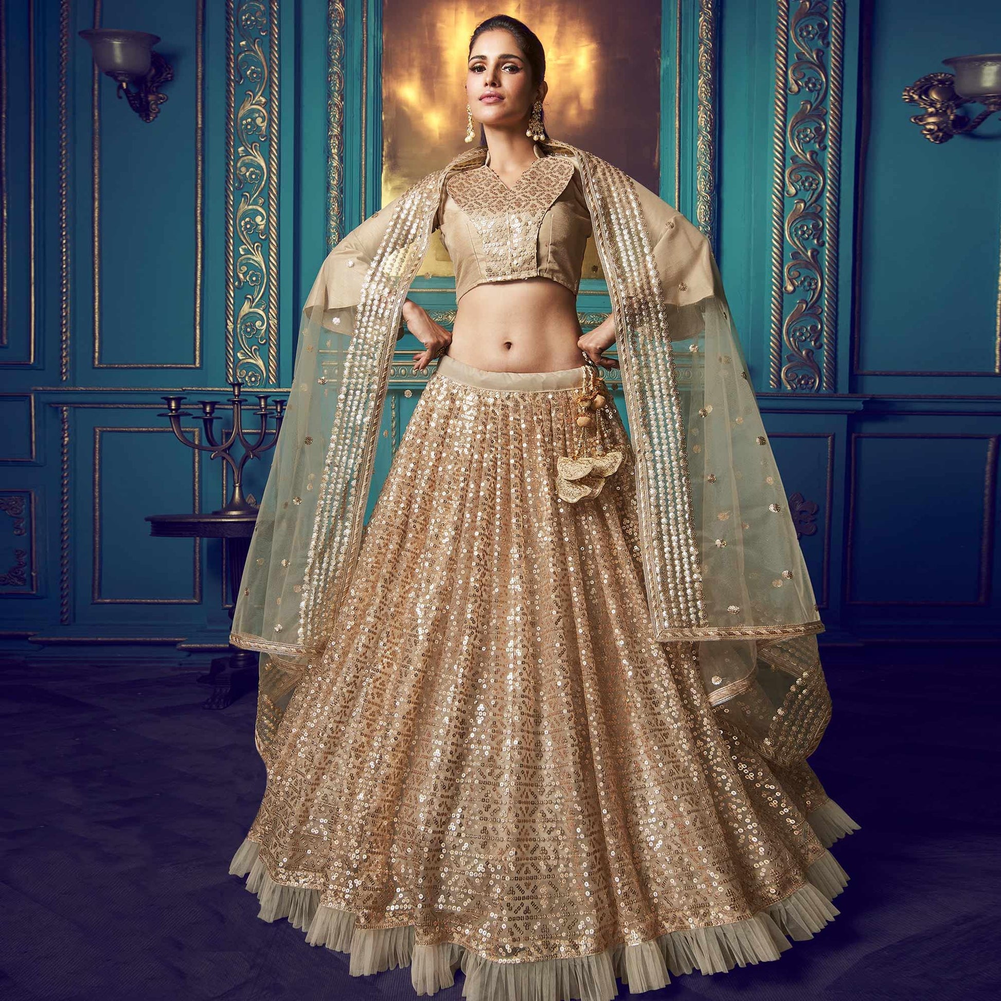 Dazzling Beige Colored Partywear Embroidered Soft Net Lehenga Choli
