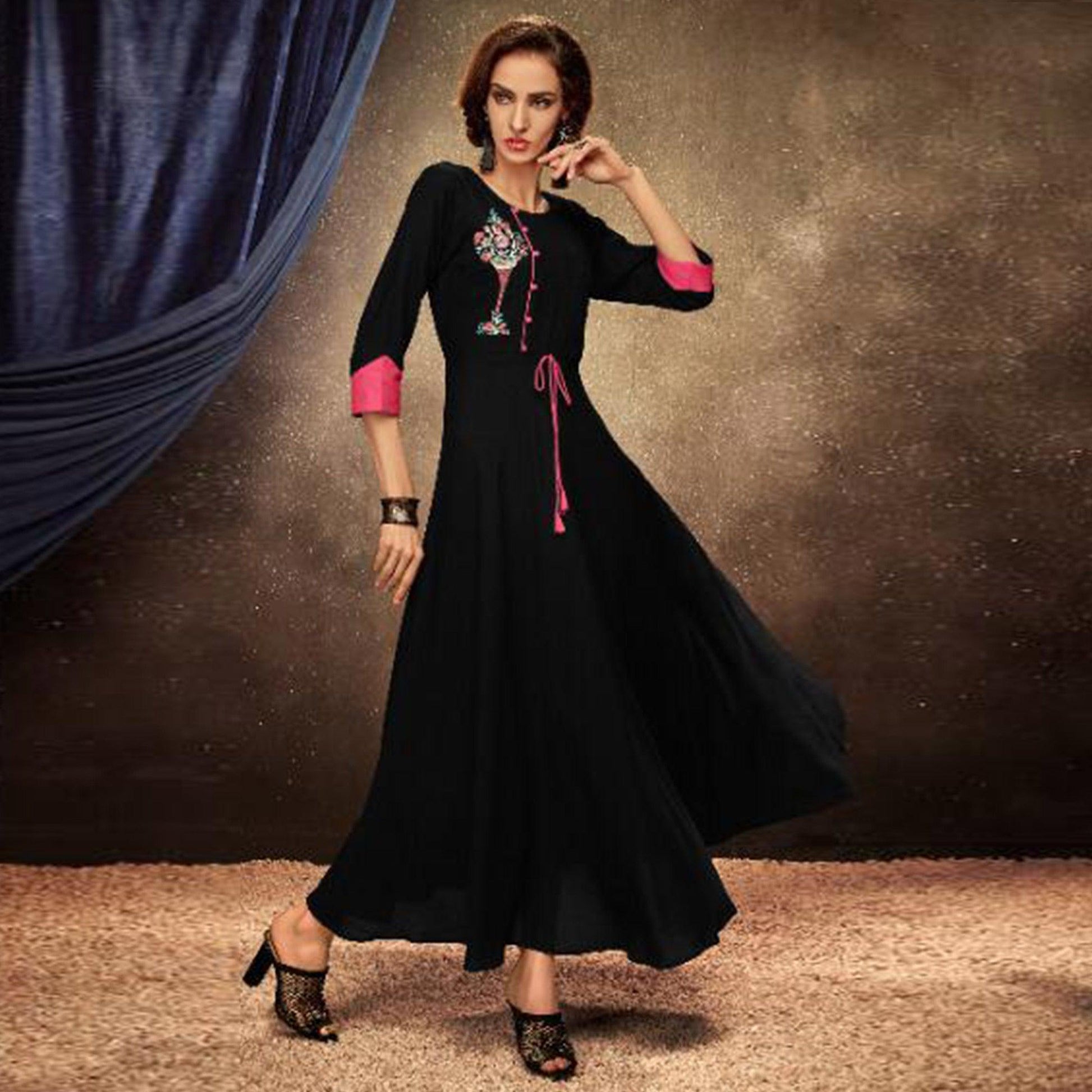 Dazzling Black Colored Partywear Embroidered Heavy Rayon Long Kurti
