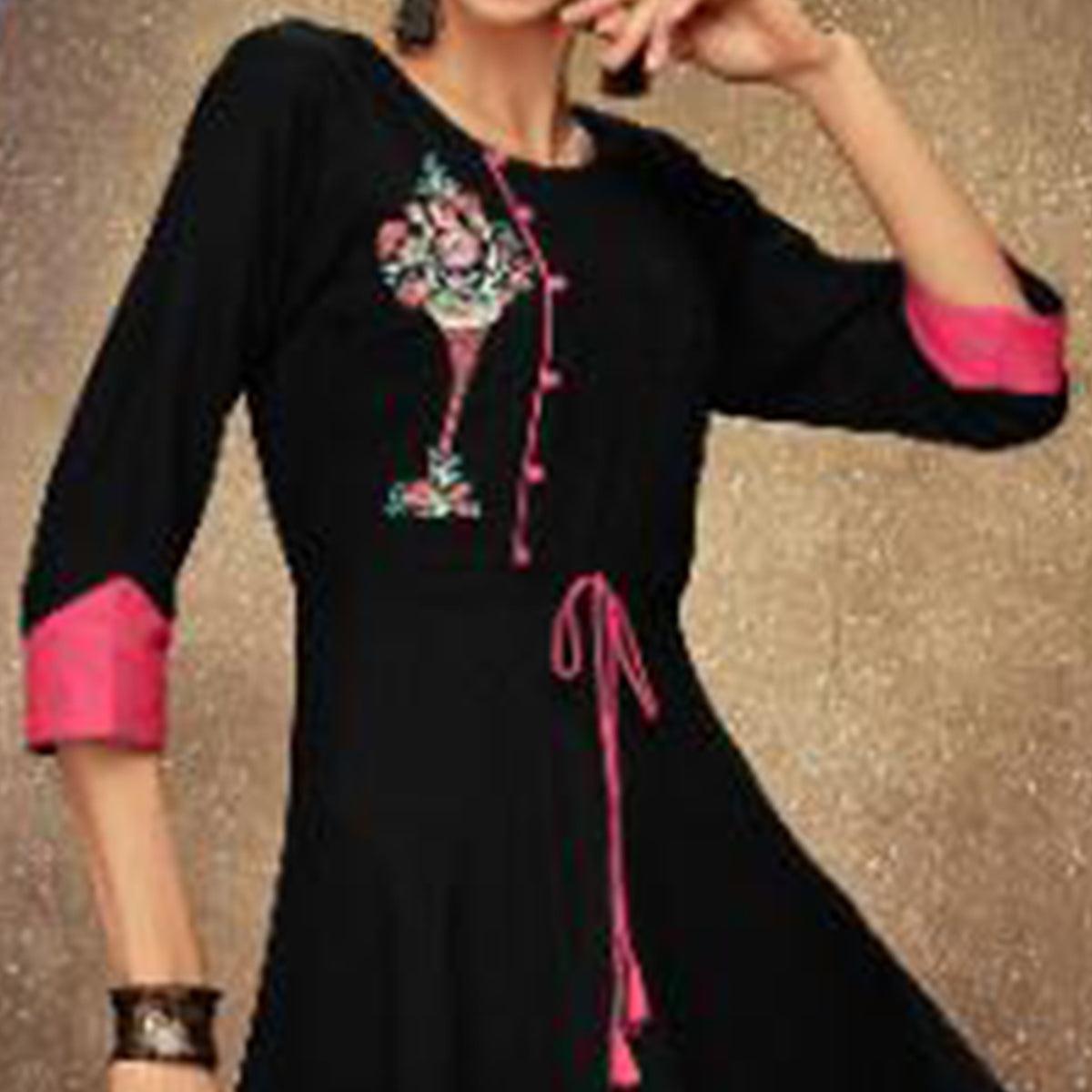 Dazzling Black Colored Partywear Embroidered Heavy Rayon Long Kurti