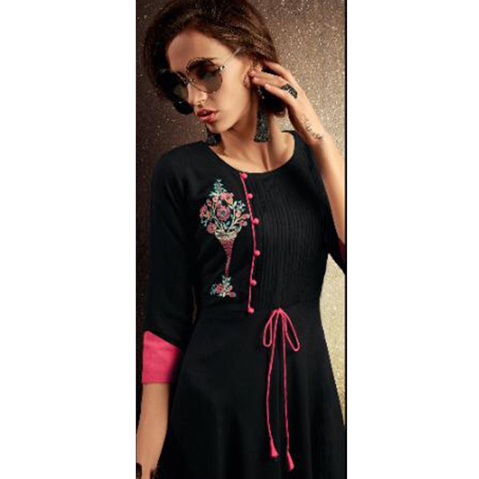 Dazzling Black Colored Partywear Embroidered Heavy Rayon Long Kurti