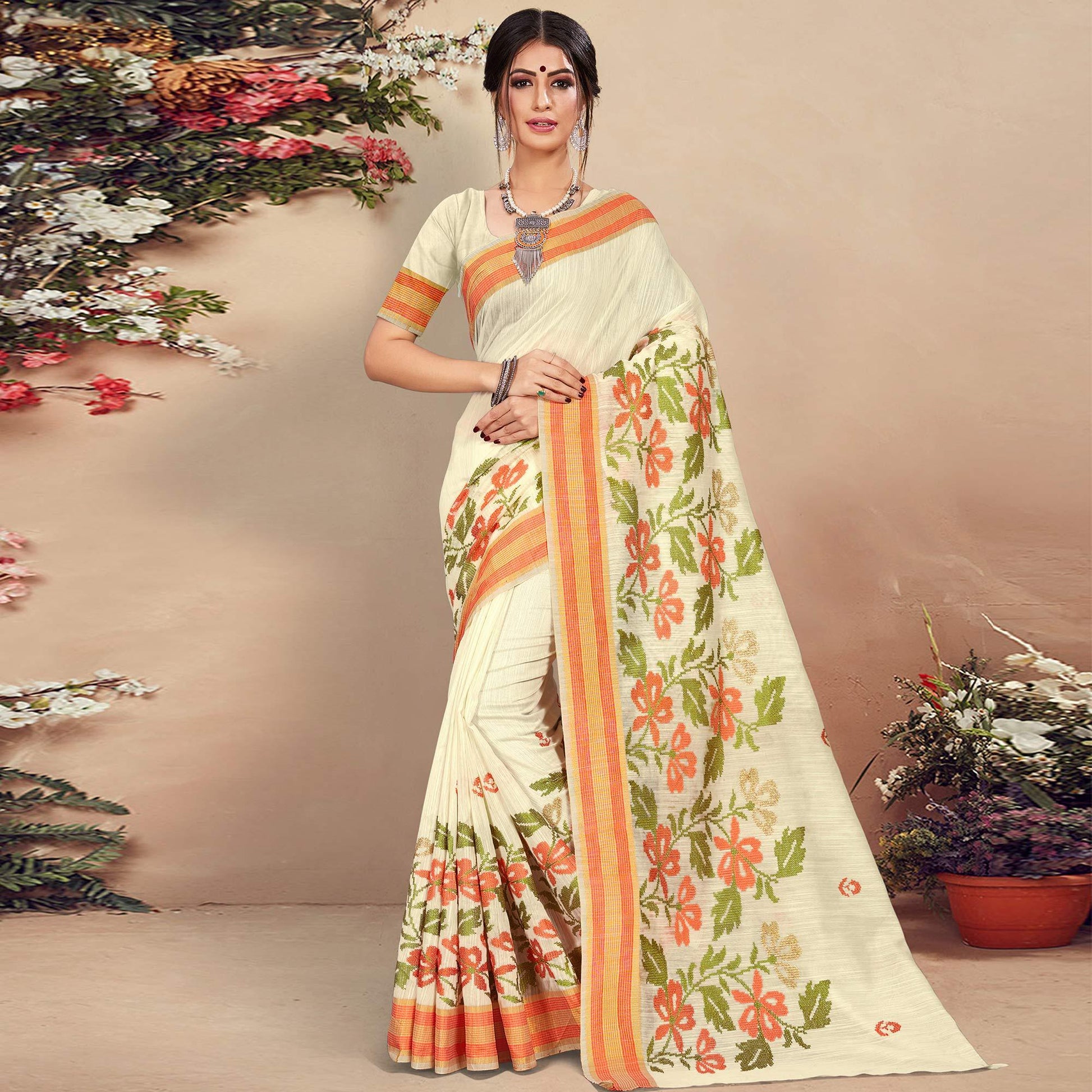 Dazzling Cream Colored Casual Wear Floral Printed Cotton Saree
