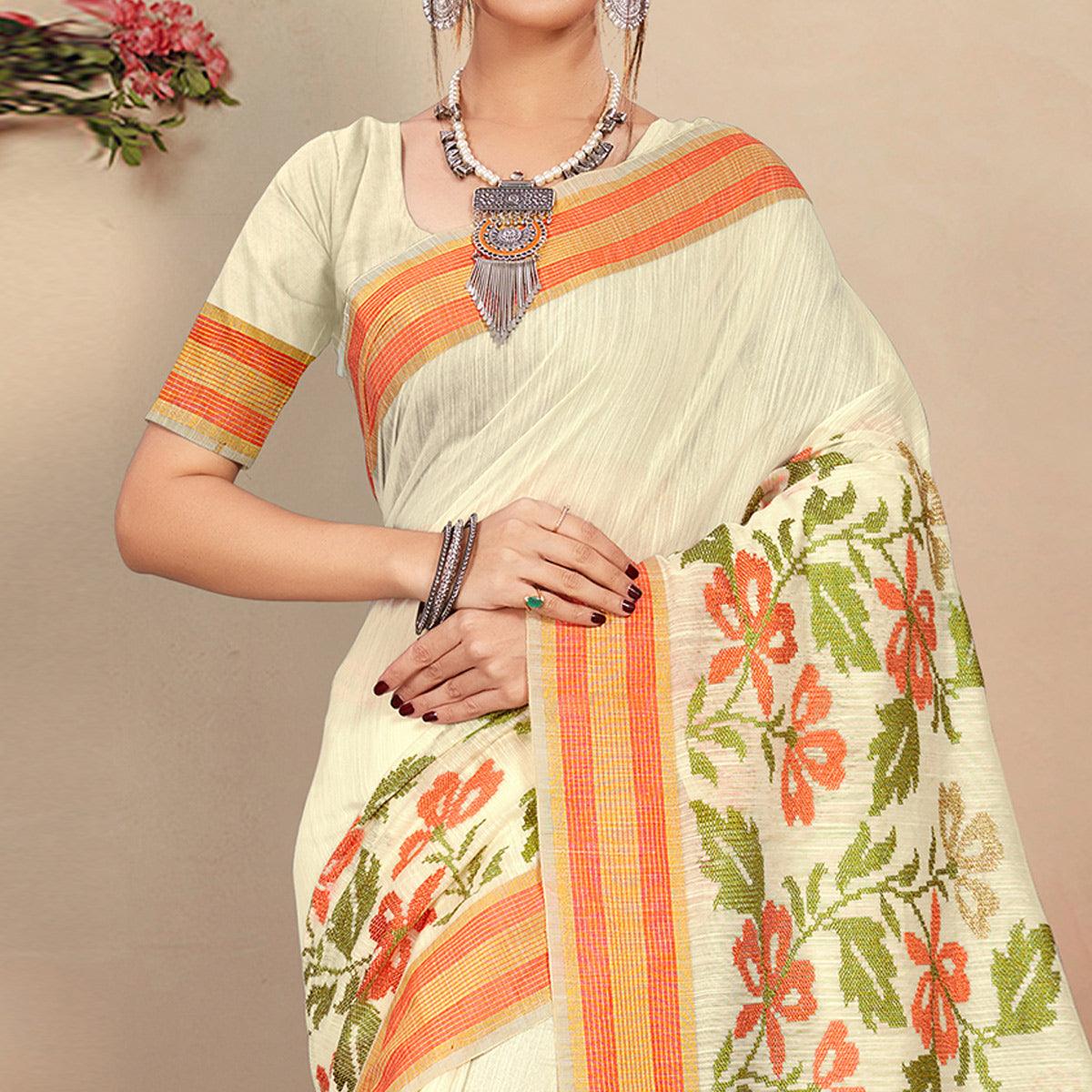 Dazzling Cream Colored Casual Wear Floral Printed Cotton Saree