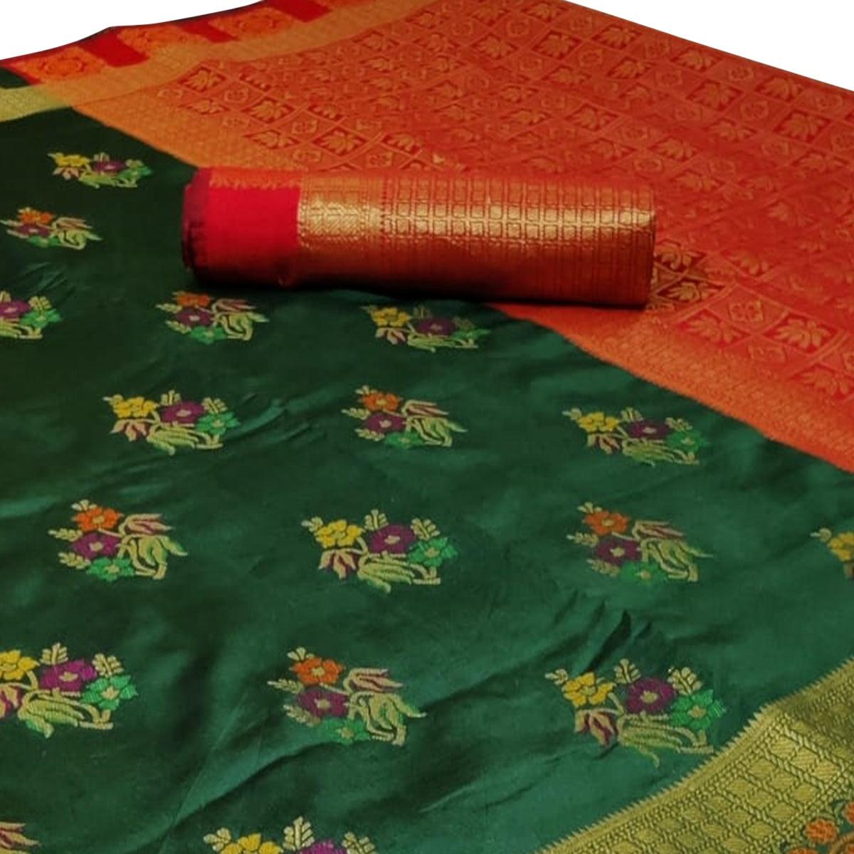 Dazzling Dark Green Colored Festive Wear Woven Silk Saree