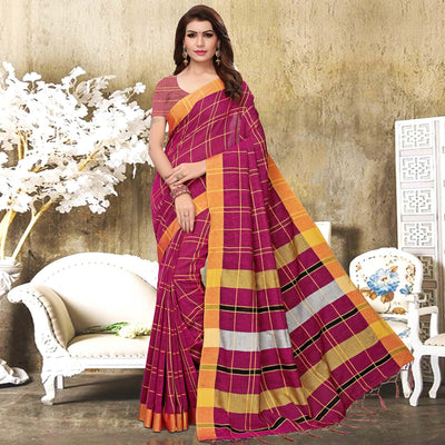 Dazzling Deep Pink Colored Festive Wear Checks Print Pure Linen Saree