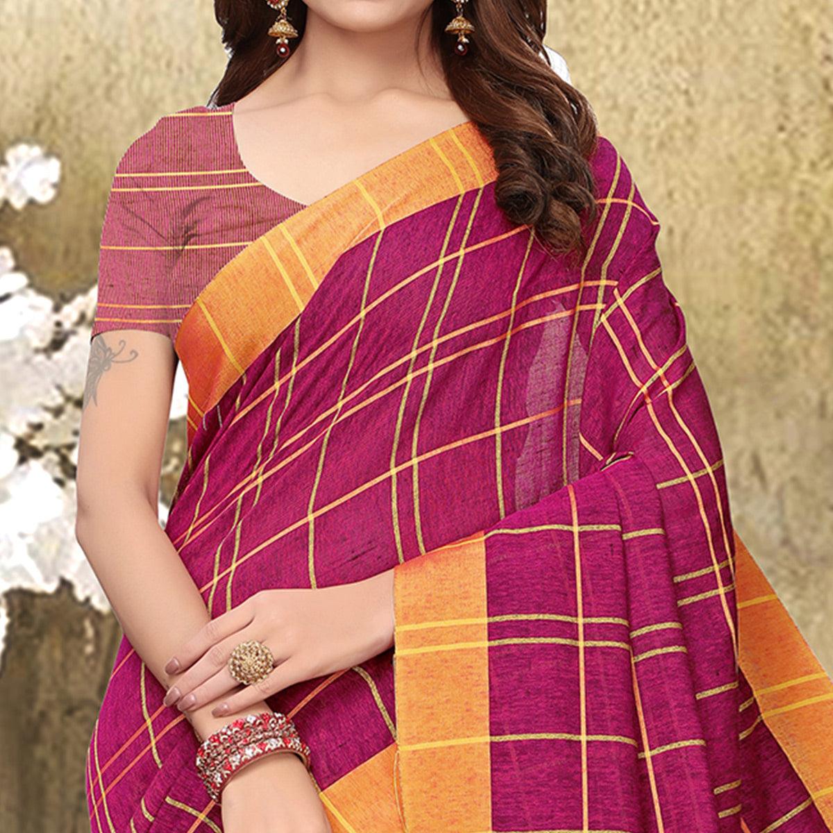 Dazzling Deep Pink Colored Festive Wear Checks Print Pure Linen Saree