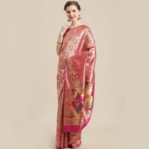 Dazzling Gold-Pink Colored Festive Wear Woven Silk Blend Saree