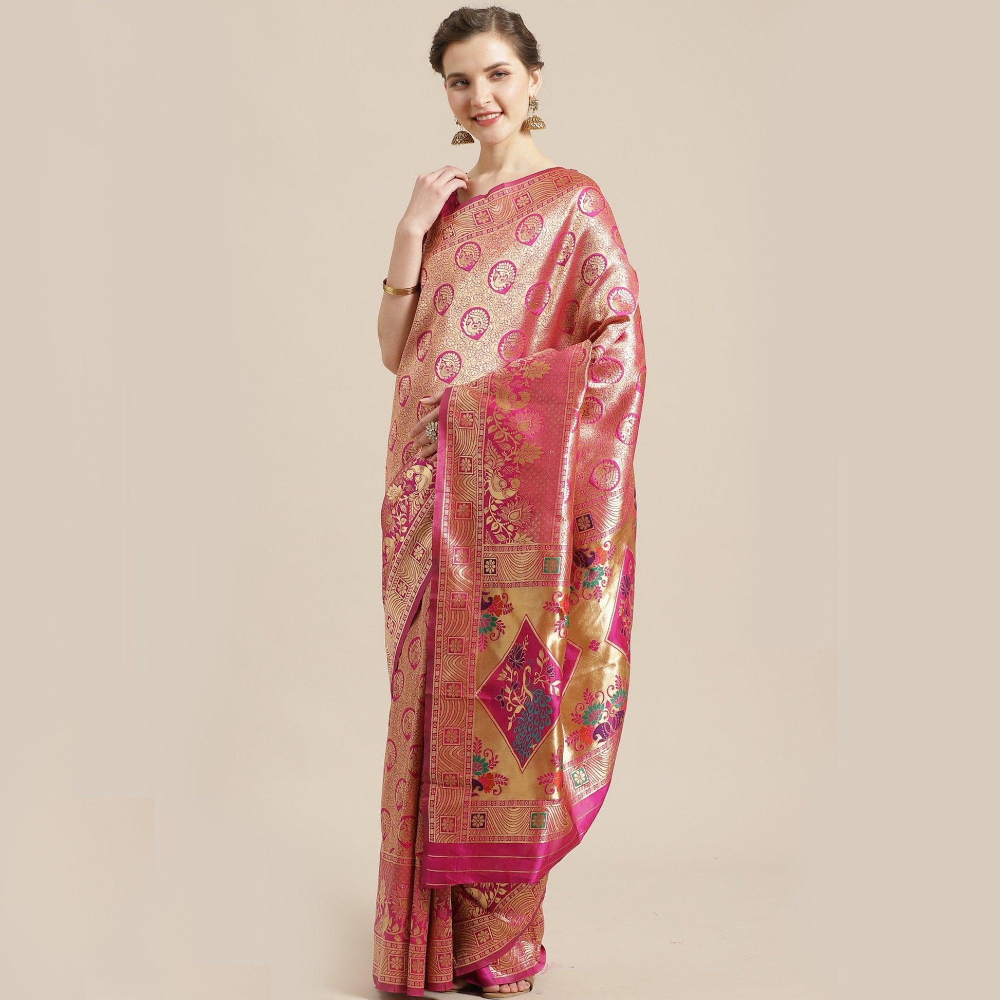 Dazzling Gold-Pink Colored Festive Wear Woven Silk Blend Saree