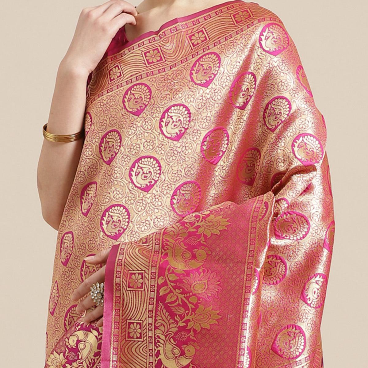 Dazzling Gold-Pink Colored Festive Wear Woven Silk Blend Saree