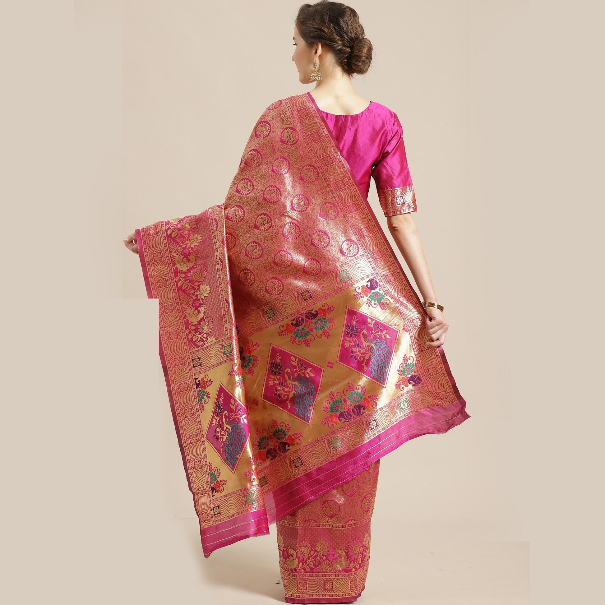 Dazzling Gold-Pink Colored Festive Wear Woven Silk Blend Saree