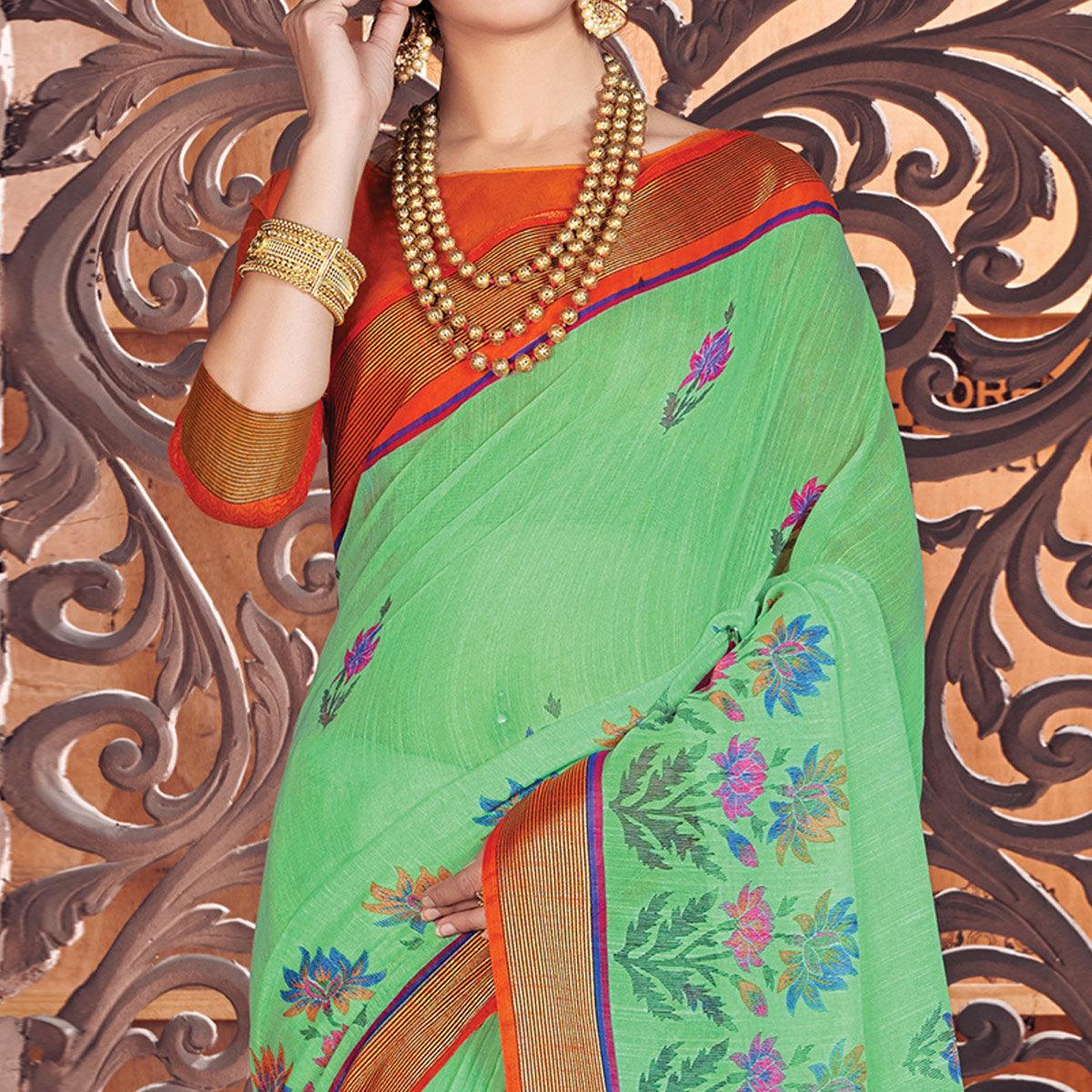 Dazzling Green Colored Casual Wear Printed Cotton Saree