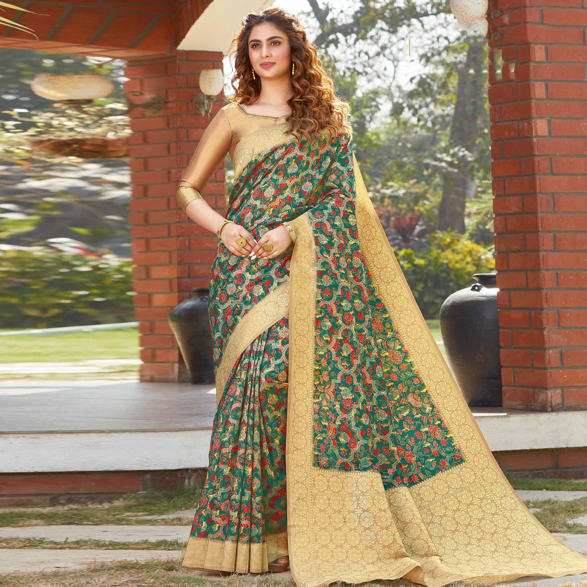 Dazzling Green Colored Festive Wear Floral Digital Printed Silk Saree
