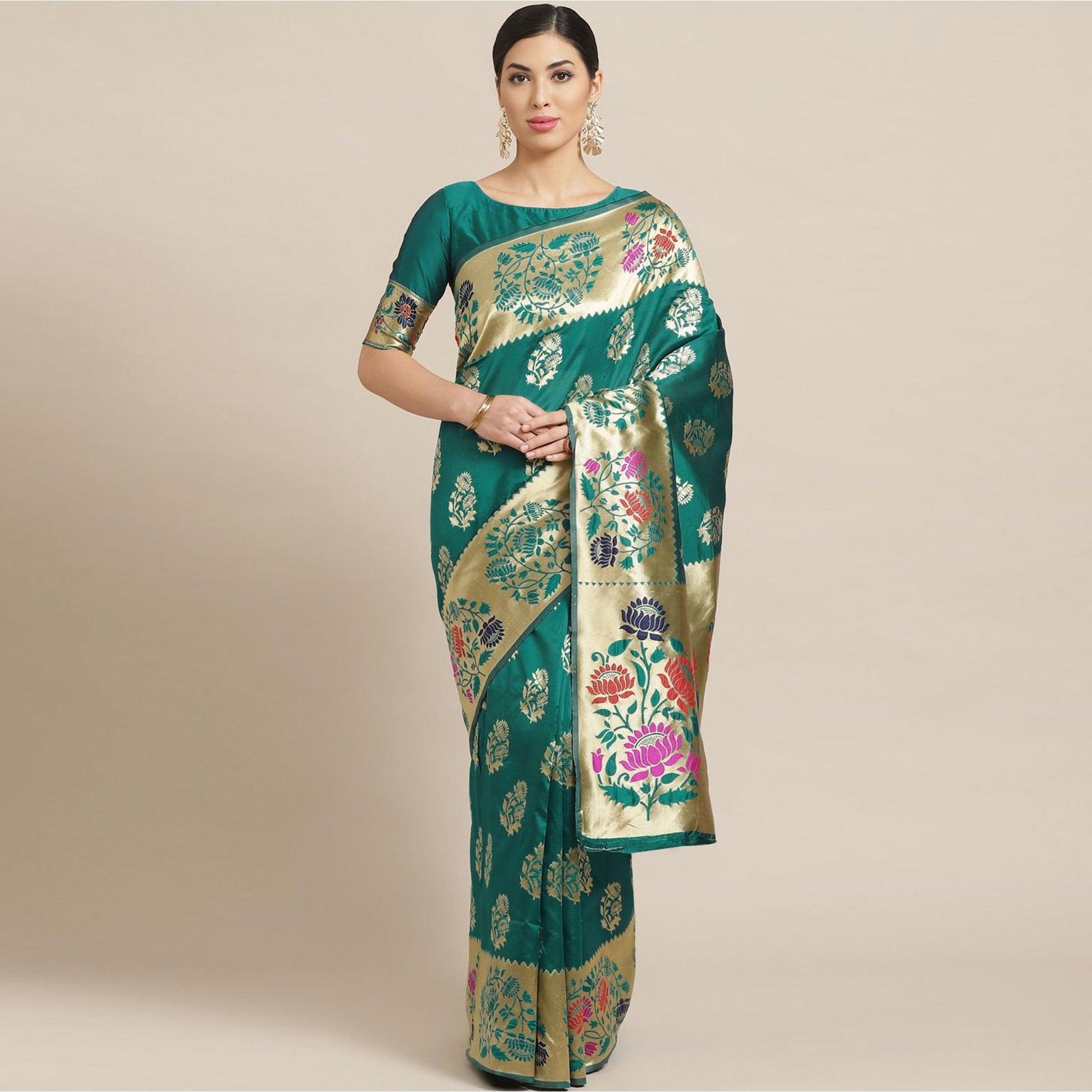 Dazzling Green Colored Festive Wear Woven Silk Blend Saree
