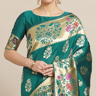 Dazzling Green Colored Festive Wear Woven Silk Blend Saree