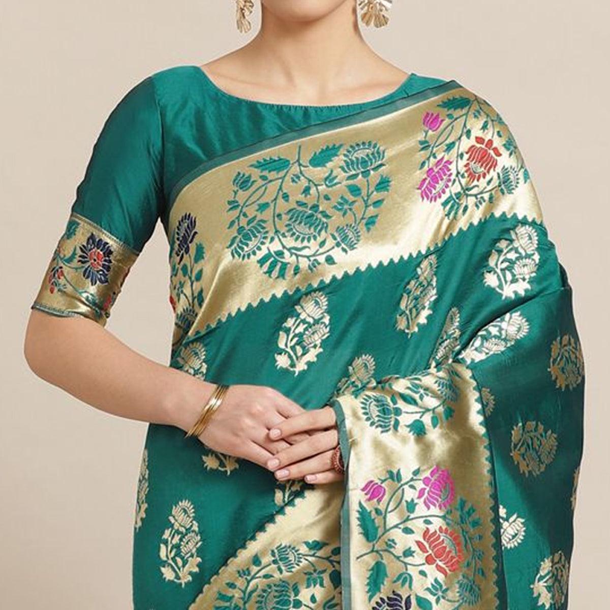 Dazzling Green Colored Festive Wear Woven Silk Blend Saree
