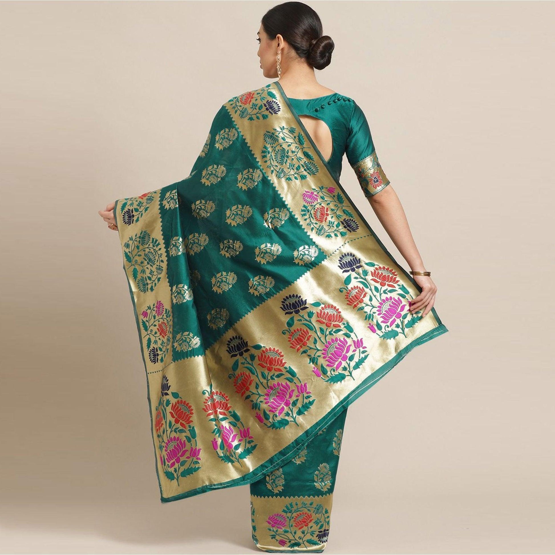 Dazzling Green Colored Festive Wear Woven Silk Blend Saree