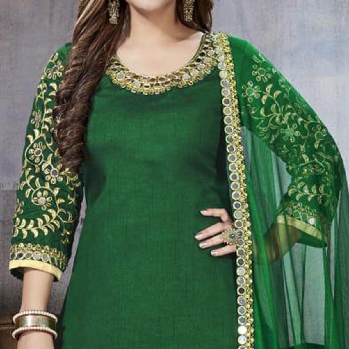 Dazzling Green Colored Party Wear Embroidered Art Silk Suit