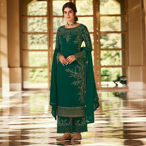 Dazzling Green Coloured Partywear Embroidered Pure Georgette Palazzo Suit