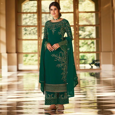 Dazzling Green Coloured Partywear Embroidered Pure Georgette Palazzo Suit