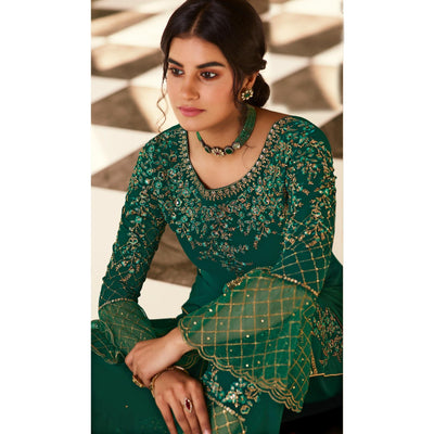 Dazzling Green Coloured Partywear Embroidered Pure Georgette Palazzo Suit