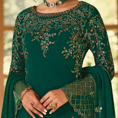 Dazzling Green Coloured Partywear Embroidered Pure Georgette Palazzo Suit