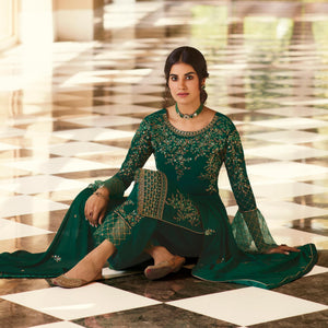 Dazzling Green Coloured Partywear Embroidered Pure Georgette Palazzo Suit