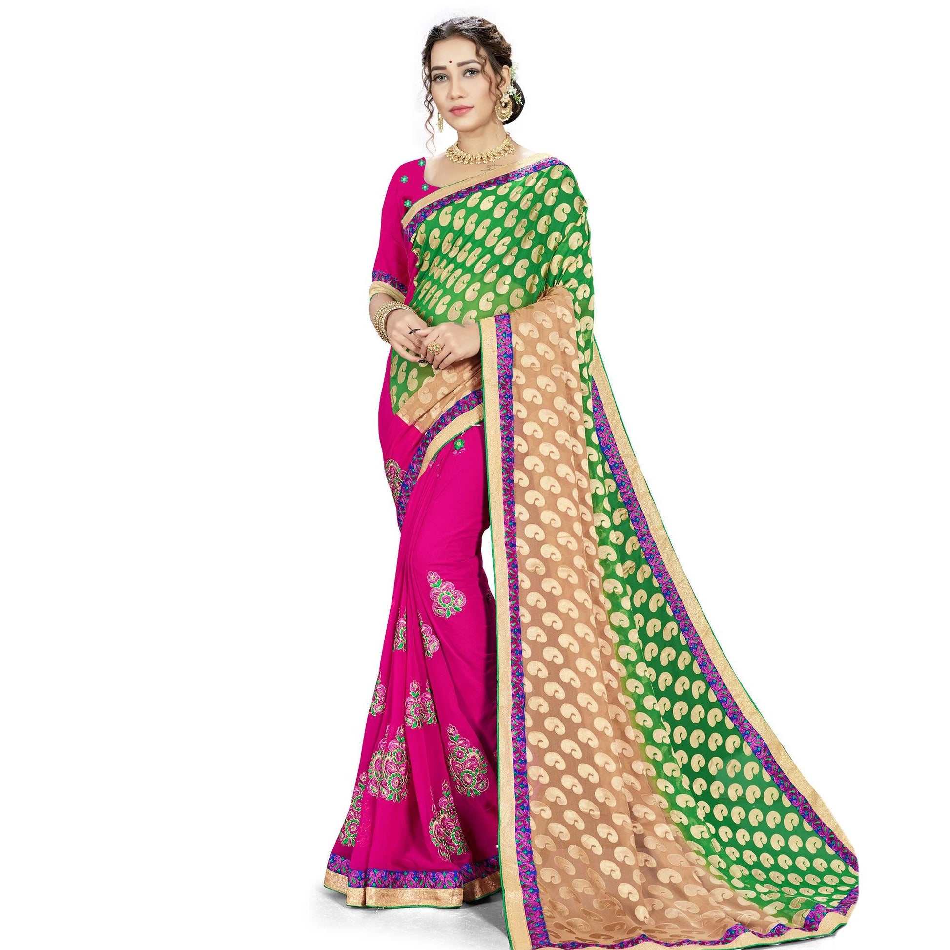 Dazzling Green-Pink Colored party Wear Embroidered Georgette Half-Half Saree