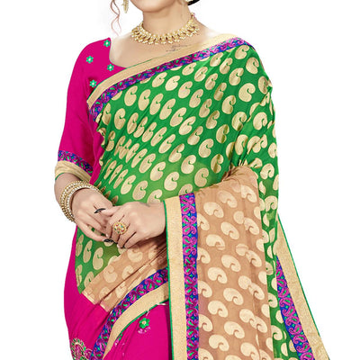 Dazzling Green-Pink Colored party Wear Embroidered Georgette Half-Half Saree