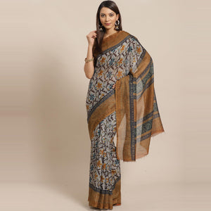 Dazzling Grey - Mustard Colored Casual Wear Printed Silk blend Saree